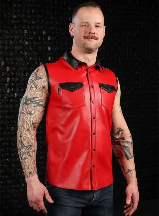 Mr. S Leather Lambskin Sleeveless Shirt Red